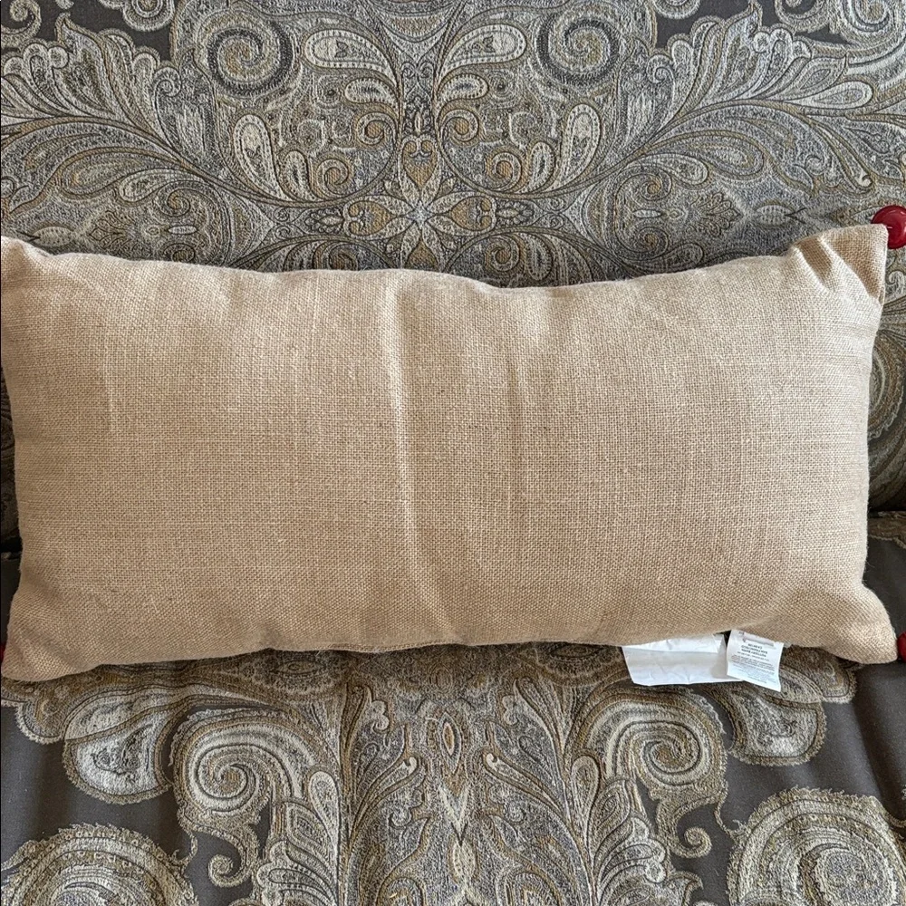 Pottery Barn Burlap Pillow with Red Jingle Design